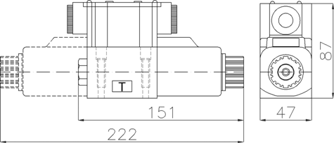 Outline dimension drawing of the G02 soft shift solenoid valve: overall length 222 mm, width 47 mm, height 87 mm