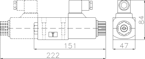 Outline dimension drawing of the G02 soft shift solenoid valve: overall length 222 mm, width 47 mm, height 84 mm