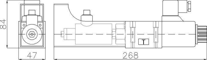 HD-G02 LVDT safety valve outline dimensions, front and side view